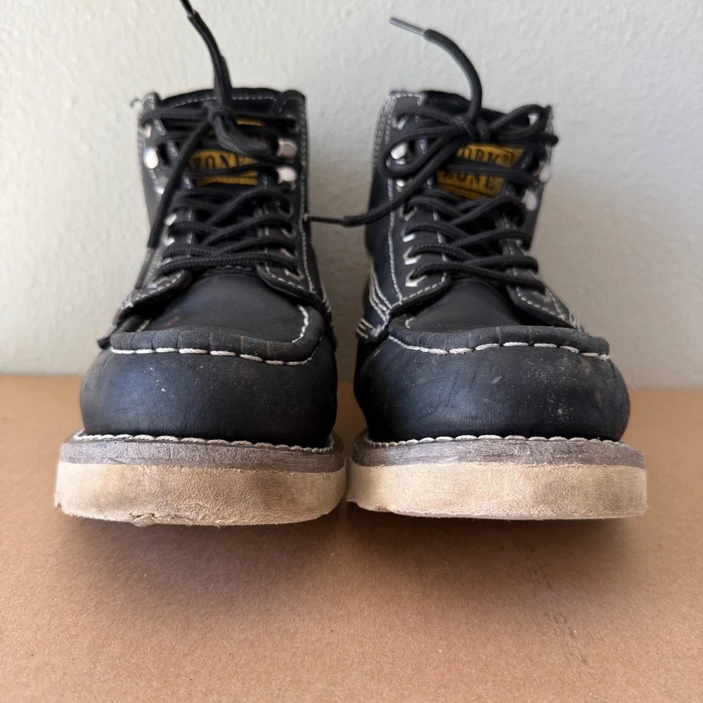 Work Zone Mens N633 Black Leather Moc Toe Goodyear Welt Work Boots Size 9